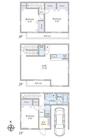 Between 2 Building floor plan (3LDK: land area 74.14 sq m  Building area 117.58 sq m)