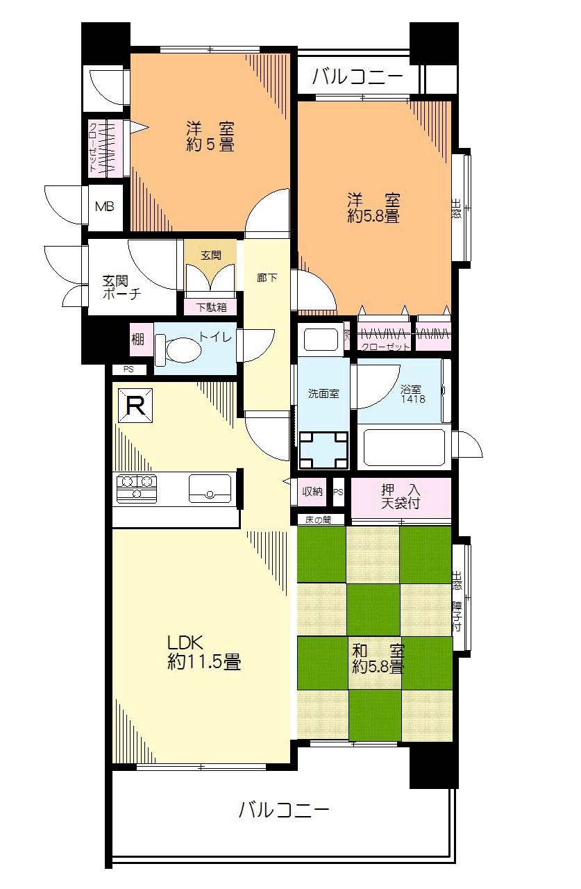 Floor plan. 3LDK, Price 36,800,000 yen, Occupied area 62.67 sq m , Balcony area 11.32 sq m