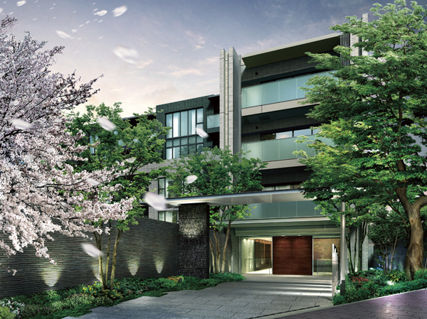 Features of the building.  [Curtain wall] In the land of rich natural hill, Forming a beautiful appearance of the facade. Reflection green surrounding the glazed curtain wall, It will produce a space in which nature and the mansion is in perfect harmony. (Entrance Rendering)