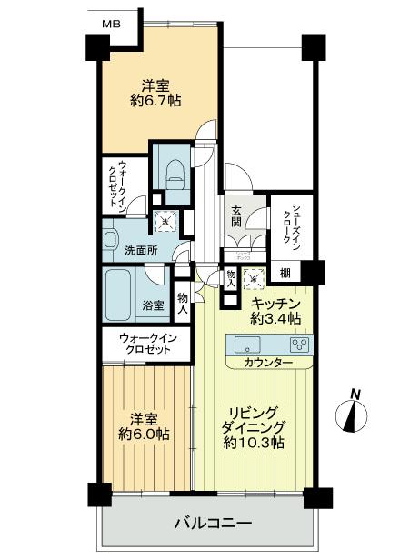 Floor plan. 2LDK, Price 39,800,000 yen, Occupied area 65.49 sq m , Balcony area 11.28 sq m floor plan