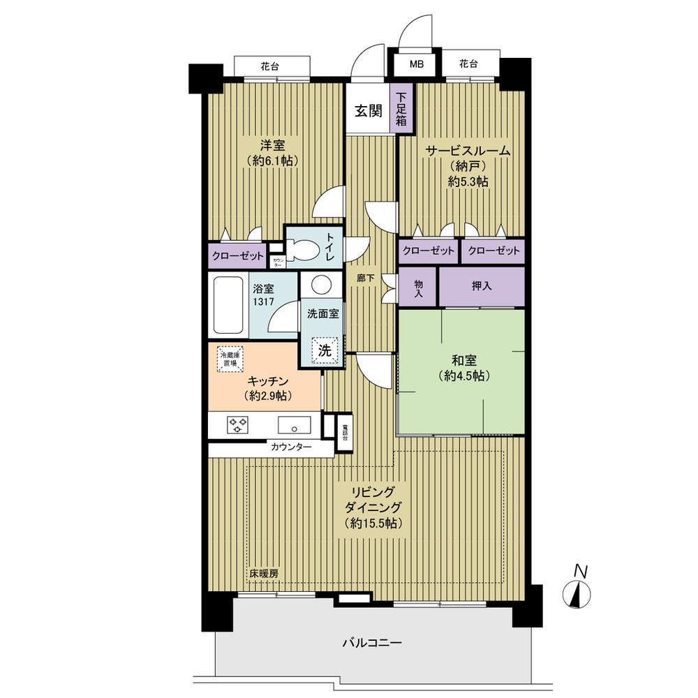 Floor plan. 2LDK + S (storeroom), Price 36,800,000 yen, Occupied area 74.57 sq m , Balcony area 12.39 sq m