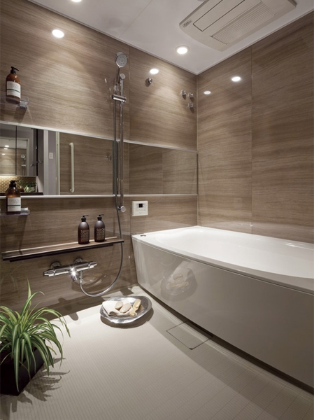 Bathing-wash room.  [Bow soaking bathtubs] Bow soaking bathtubs friendly arcuate form to fit the body ※ Except for the J-type. Minus 2 ° C in the temperature of the hot water for a long time keep (6 hours, Bathroom which adopted the warm bath that can be the same manufacturer conventional product ratio) to. (Same specifications)