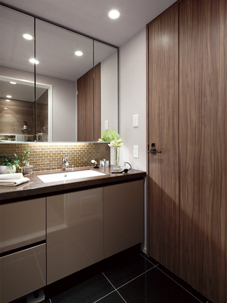 Bathing-wash room.  [Bathroom vanity] Vanity counter has adopted the "Fiore Stone" is hard luck is beautifully scratch. Wash bowl, Care is is easy to earthenware. (Same specifications)