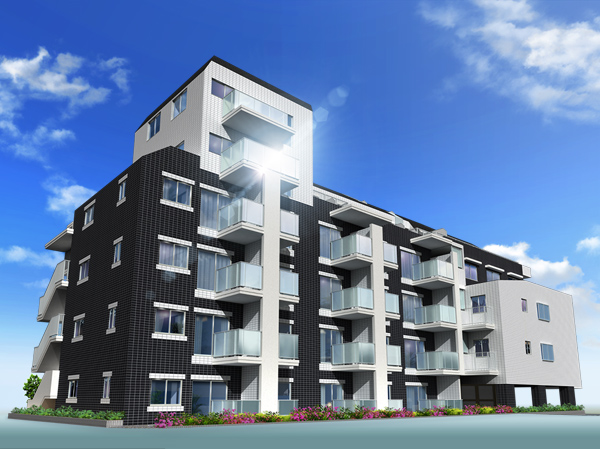 Shared facilities.  [Appearance of modern design to draw a new personality to the streets] 2 deep modeling of carving on the contrast of tone color tiles. Modern and stylish appearance that transparency of the glass add the glitz is tells the coming of new life style to the city average of the station near. (Rendering)