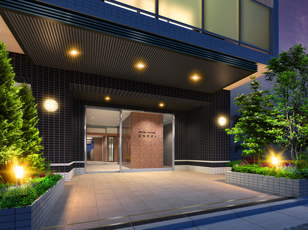 Shared facilities.  [Entrance to monotone of contrast with impressive clarity] Entrance to pick up in the sophisticated design of novel impression. The green planting decoration on both sides, At the same time as the image of advanced space, It will produce the elegant atmosphere of a dwelling. In addition transparent glass of auto door and mail corner and look through the glass, The inside of the space has been subjected to a production which is also felt in the stylish from the outside. (Rendering)