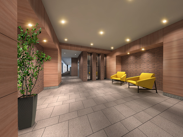 Shared facilities.  [Private residence space elegant appearance enhances the dignity of life] Space with a warmth that was the brown tones for us is not greeted upon entering in the building. Hall should be placed a sofa as an image of Scandinavian design, It is summarized in the modern sense. Cool of the appearance and contrast,, Chic atmosphere that peace also feel, Us to deepen the superiority of the private residence space, such as the otherworldly station near. (Entrance Hall Rendering)