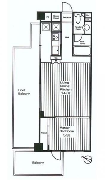 Floor plan. 1LDK, Price 30,800,000 yen, Footprint 44.4 sq m , Balcony area 7.7 sq m