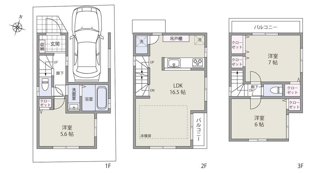 Floor plan. It will be between the east north-south corner lot Building C floor plan. Popular counter kitchen, Dishwasher ・ With water purifier, Winter warmth in the gas hot water floor heating.