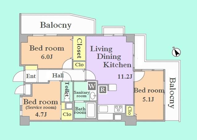 Floor plan. 3LDK, Price 41,900,000 yen, Occupied area 61.31 sq m , Balcony area 15.42 sq m