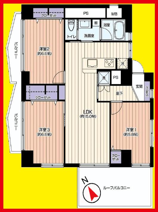 Floor plan. 3LDK, Price 34,800,000 yen, Occupied area 73.35 sq m , Balcony area 21.42 sq m