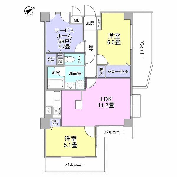 Floor plan. 2LDK+S, Price 41,900,000 yen, Occupied area 61.31 sq m , Balcony area 15.42 sq m 2 Men balcony
