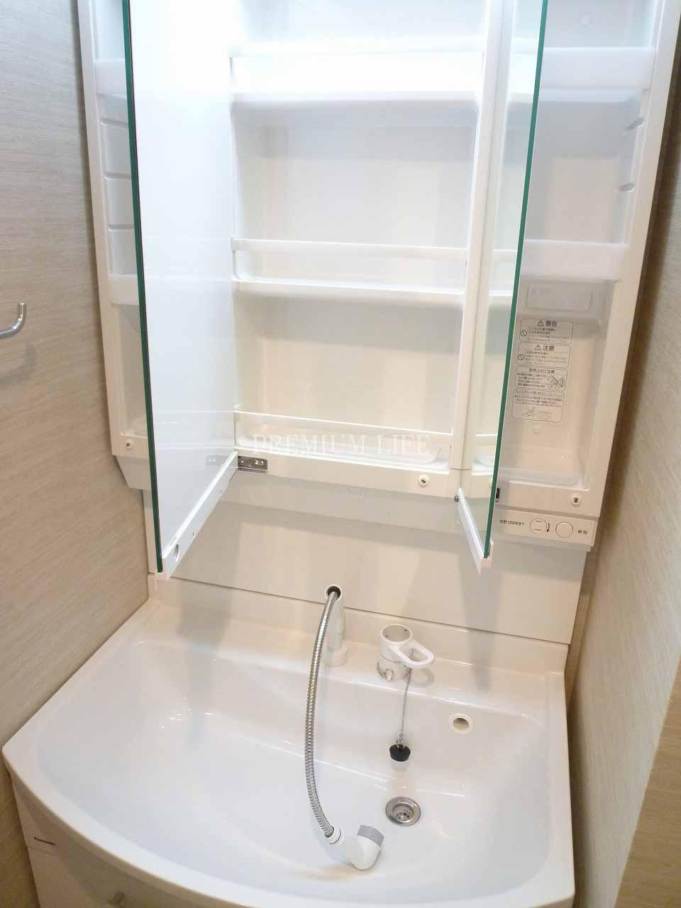 Wash basin, toilet.  [Bathroom vanity] The back of the mirror has become a convenient storage rack.