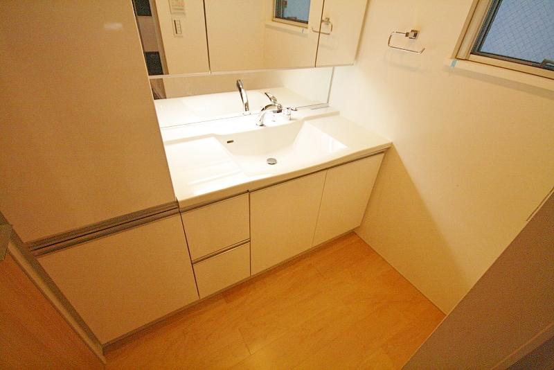 Wash basin, toilet. Storage is abundant washstand