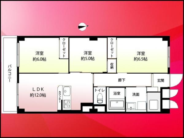 Floor plan. 3LDK, Price 31,980,000 yen, Occupied area 64.32 sq m , Balcony area 7.89 sq m