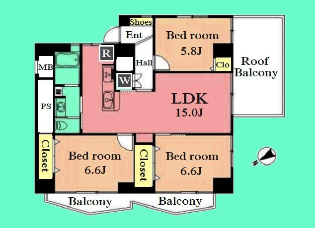 Floor plan. 3LDK, Price 34,800,000 yen, Occupied area 73.35 sq m , Balcony area 21.42 sq m