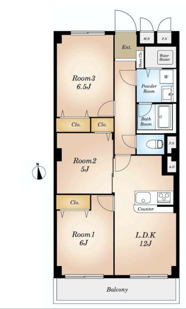 Floor plan. 3LDK, Price 31,980,000 yen, Occupied area 64.32 sq m , Balcony area 7.89 sq m