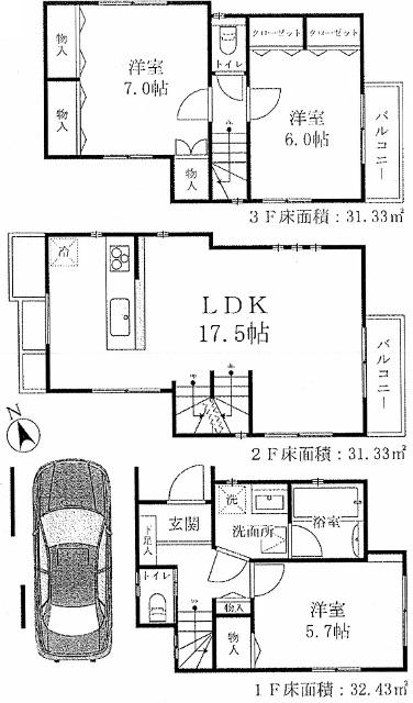 Floor plan. 53,800,000 yen, 3LDK, Land area 56.57 sq m , Building area 95.09 sq m