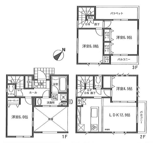Floor plan. 54,800,000 yen, 4LDK, Land area 63.5 sq m , Building area 104.14 sq m 4LDK with all the living room storage