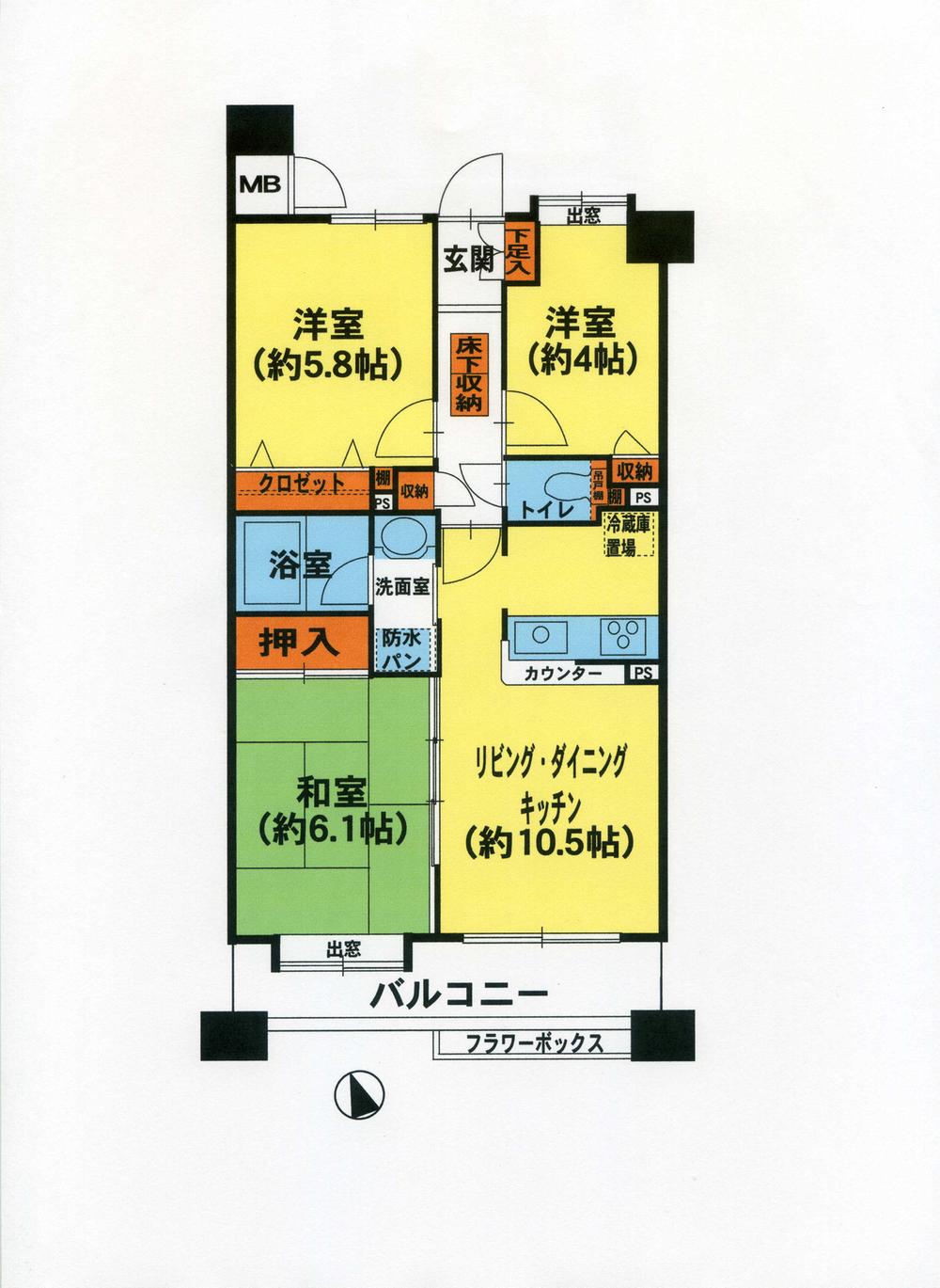 Floor plan. 3LDK, Price 32,800,000 yen, Occupied area 57.59 sq m , Balcony area 6.9 sq m