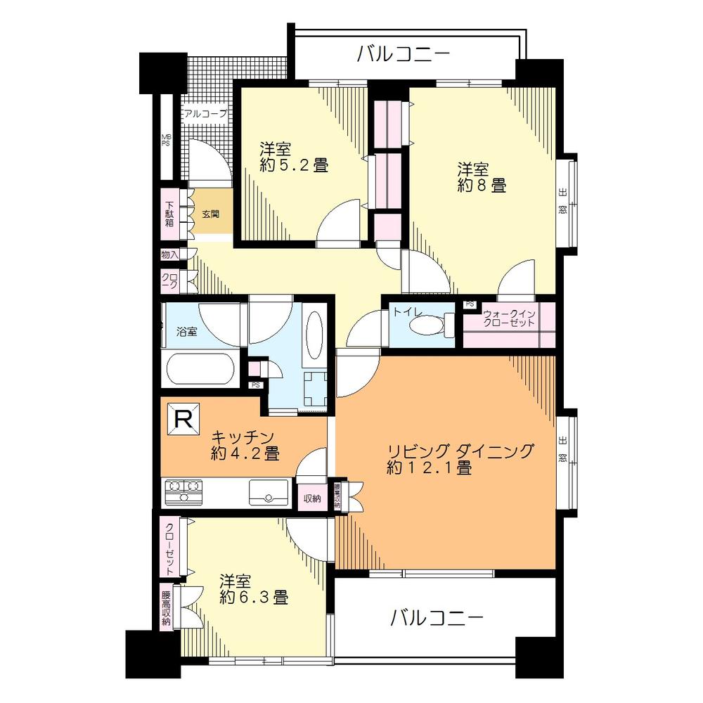 Floor plan. 3LDK, Price 43,800,000 yen, Occupied area 80.56 sq m , Rich floor plan of the balcony area 12.88 sq m storage space