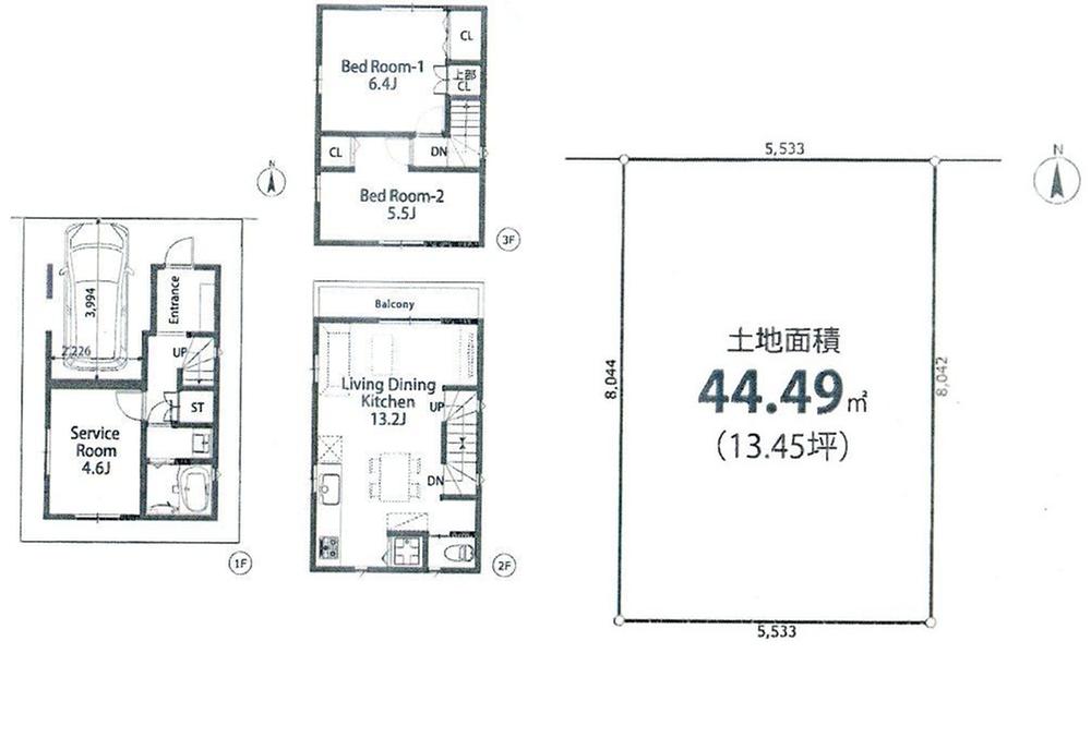 Compartment view + building plan example. Building plan example, Land price 24,300,000 yen, Land area 44.49 sq m , Building price 36,800,000 yen, Building area 77.83 sq m