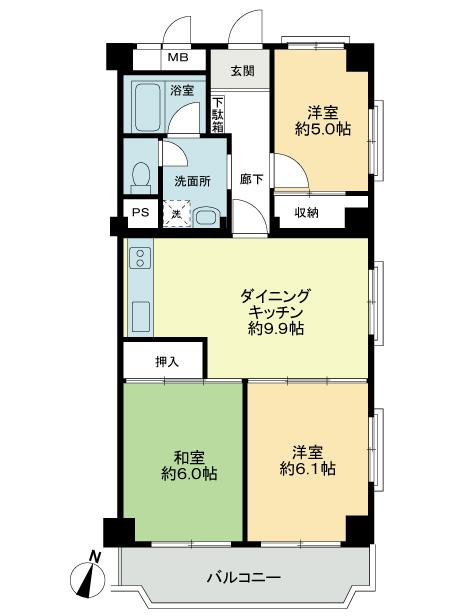 Floor plan. 3DK, Price 25 million yen, Footprint 61.6 sq m , Balcony area 8 sq m floor plan