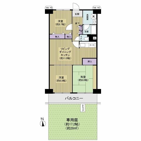 Floor plan. 3LDK, Price 26,900,000 yen, Footprint 69.3 sq m , Balcony area 8.82 sq m south-facing ・ With a private garden ・ Good per sun!