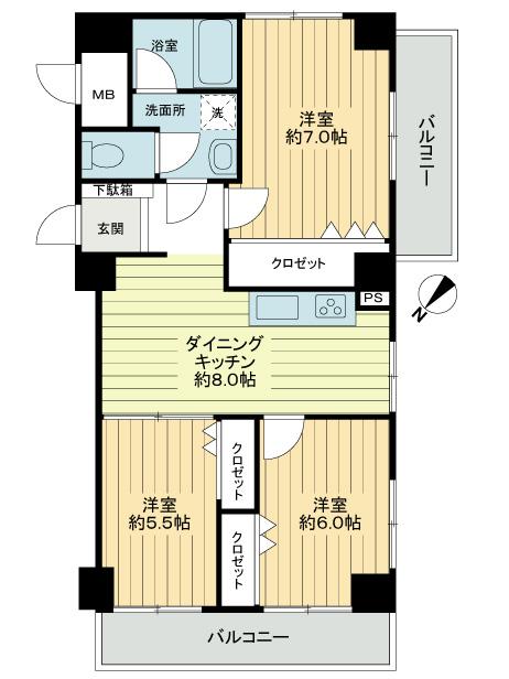 Floor plan. 3LDK, Price 24,800,000 yen, Occupied area 62.45 sq m , Balcony area 10.53 sq m footprint: 62.45 sq m , 2 sided balcony: 10.53 sq m