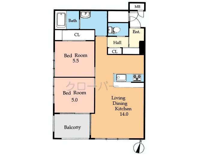 Floor plan. 2LDK, Price 21,800,000 yen, Occupied area 57.56 sq m , Balcony area 4.85 sq m