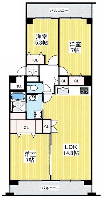 Floor plan. 3LDK, Price 31,800,000 yen, Occupied area 72.41 sq m , Balcony area 17.21 sq m