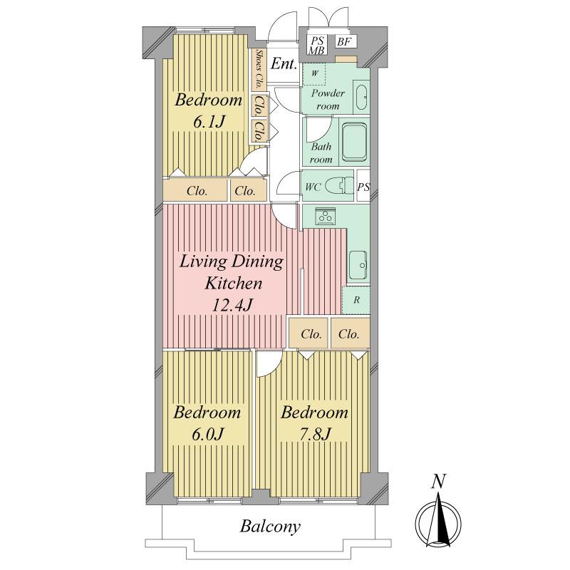 Floor plan. 3LDK, Price 33,800,000 yen, Occupied area 70.29 sq m , There are six Pledge balcony area 8.04 sq m all rooms.