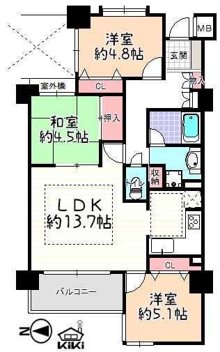 Floor plan. 3LDK, Price 33,800,000 yen, Occupied area 65.42 sq m , Balcony area 5.4 sq m 1F part / LDK floor heating two places with