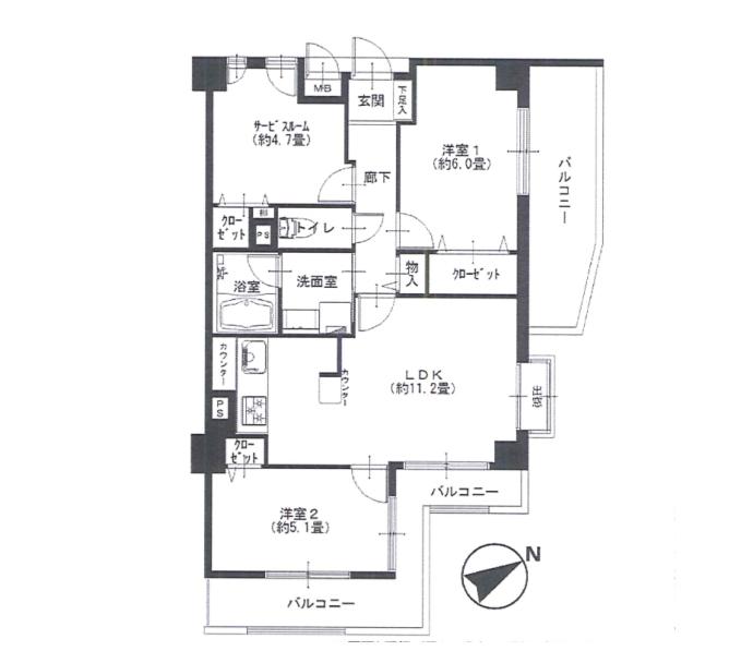 Floor plan. 2LDK + S (storeroom), Price 41,900,000 yen, Occupied area 61.31 sq m , Balcony area 15.42 sq m