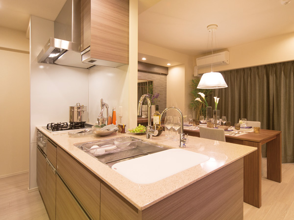 Kitchen.  [Refinement of the kitchen stuck to the functional beauty] Well advanced facilities and features, Kitchen with consideration also the beauty of the interior. For example,, The counter tops produce a high-quality artificial marble and adopted sophisticated space with a beautiful texture of natural stone. Able to stand here and support the mom at ease with such a design made for day-to-day fun.