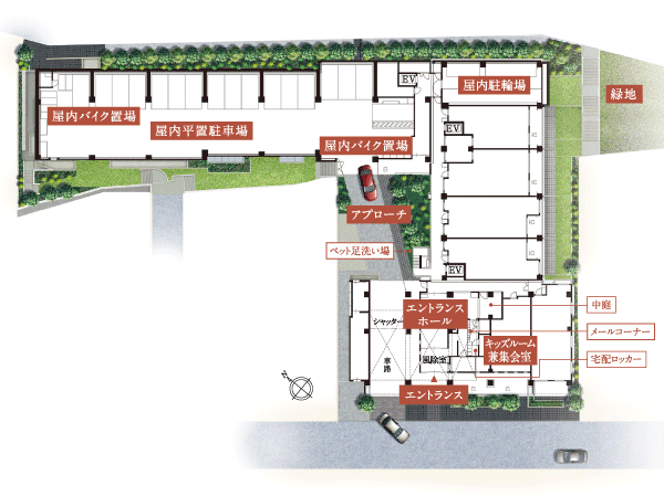 Blessed with natural, Clear some land plan for guiding the light and wind. In addition to the Grand Entrance continuing smoothly to unoki station, Also sub entrance installed on the fourth floor of the Hillside Court as an approach to Kugahara Station side (site layout)
