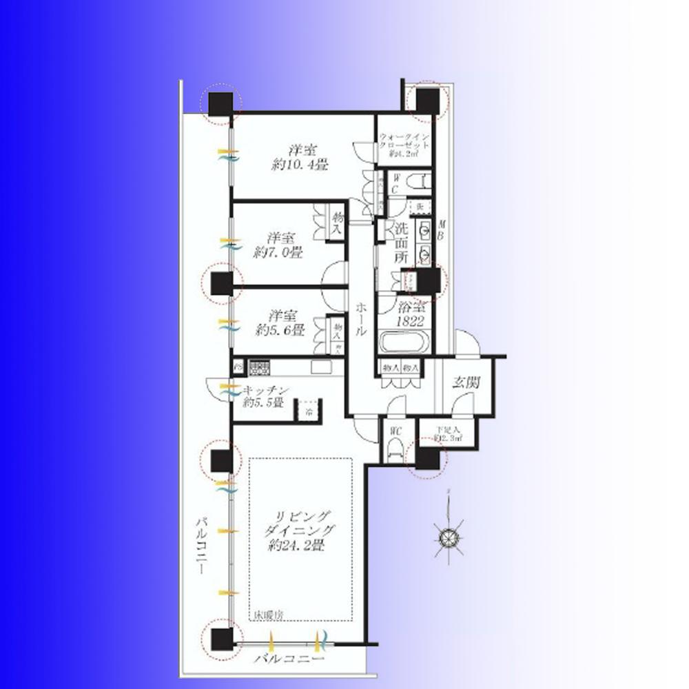 Floor plan. 3LDK, Price 109 million yen, Footprint 125.77 sq m , Balcony area 40.38 sq m   [Floor plan] Premium room with all the room was facing the balcony