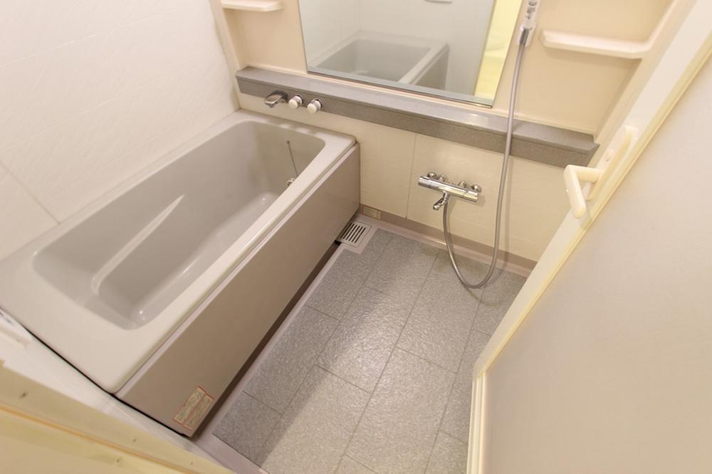 Bathroom. It has been equipped with shelves and a large mirror