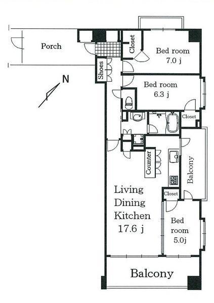 Floor plan. 3LDK, Price 56,800,000 yen, Occupied area 81.38 sq m , Balcony area 18.82 sq m