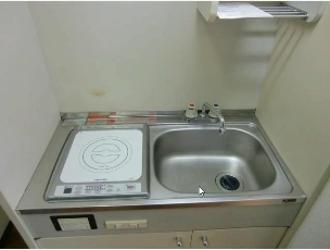 Bath. Kitchen is equipped with 1-burner stove.