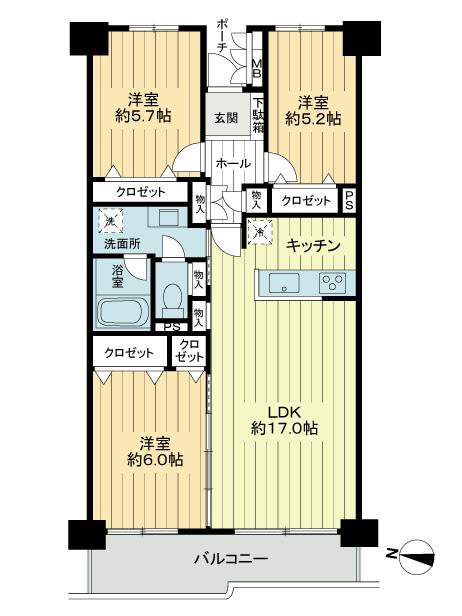 Floor plan. 3LDK, Price 37,800,000 yen, Footprint 77.4 sq m , Balcony area 9.15 sq m floor plan