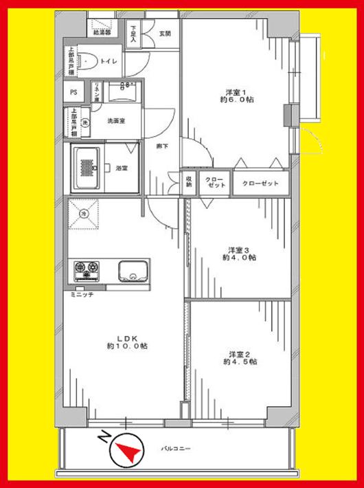 Floor plan. 3LDK, Price 34,800,000 yen, Footprint 56 sq m , Balcony area 9.71 sq m