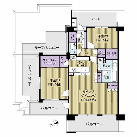 Floor plan. 2LDK + S (storeroom), Price 55,800,000 yen, Occupied area 85.35 sq m , Balcony area 21.6 sq m roof balcony ・ Corner room ・ 2LDK