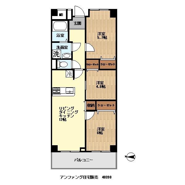 Floor plan. 3LDK, Price 34,900,000 yen, Footprint 64 sq m , Balcony area 7.28 sq m footprint: 64.00 sq m Balcony: 7.28 sq m