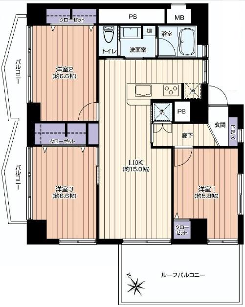 Floor plan. 3LDK, Price 34,800,000 yen, Occupied area 73.35 sq m , Balcony area 10 sq m three direction room (east, South, West), It is very bright rooms of the three-sided lighting! All direction in the 10 floor of the room, View is good because the front of the eye is Hirake!