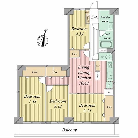 Floor plan. 4LDK, Price 33,800,000 yen, Occupied area 76.72 sq m , Balcony area 12.35 sq m south 4 rooms, All Western-style 4LDK