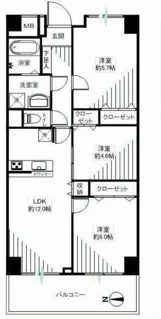 Floor plan. 3LDK, Price 34,900,000 yen, Footprint 64 sq m , Good Floor balcony area 7.28 sq m usability