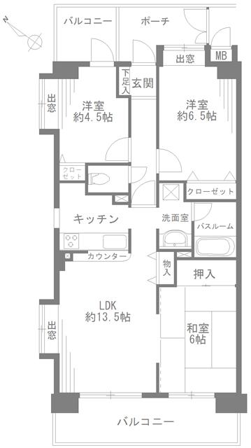 Floor plan. 3LDK, Price 37,800,000 yen, Footprint 66 sq m , Balcony area 12.84 sq m southwest angle dwelling unit! ! Bright room!
