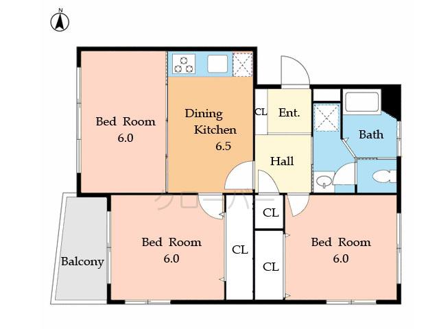 Floor plan. 3DK, Price 19,990,000 yen, Occupied area 58.16 sq m , Balcony area 3.64 sq m Floor