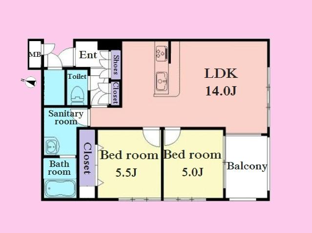 Floor plan. 2LDK, Price 21,800,000 yen, Occupied area 57.56 sq m , Balcony area 4.85 sq m