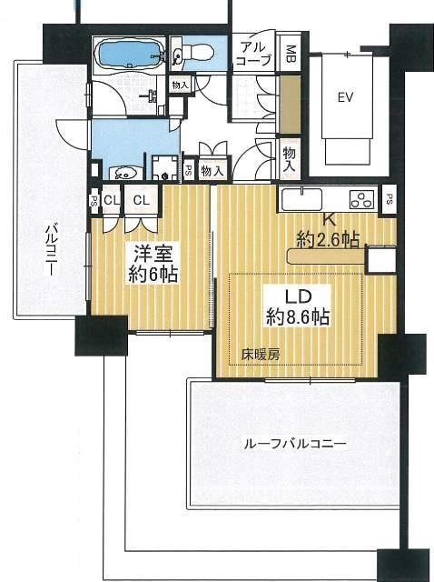Floor plan. 1LDK, Price 36,800,000 yen, Occupied area 44.89 sq m , Balcony area 8.35 sq m